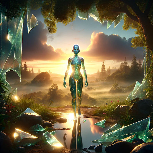 Alien-like figure standing in a mystical forest with glowing crystals and a sunset.